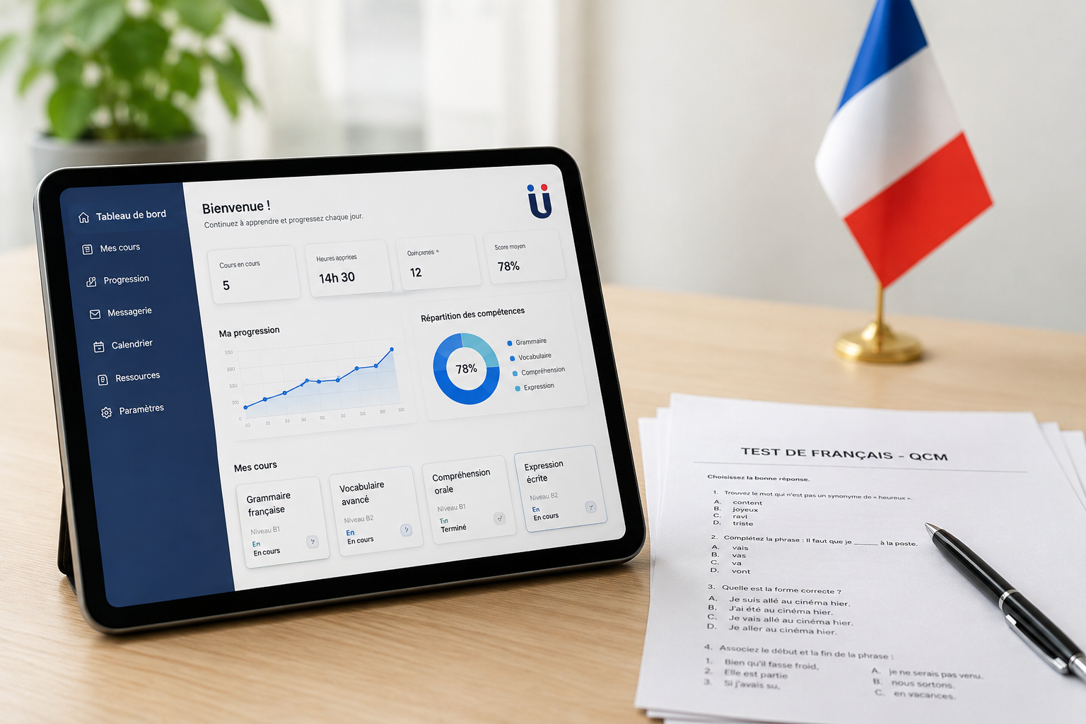 une tablette sur un bureau avec des papiers test qcm