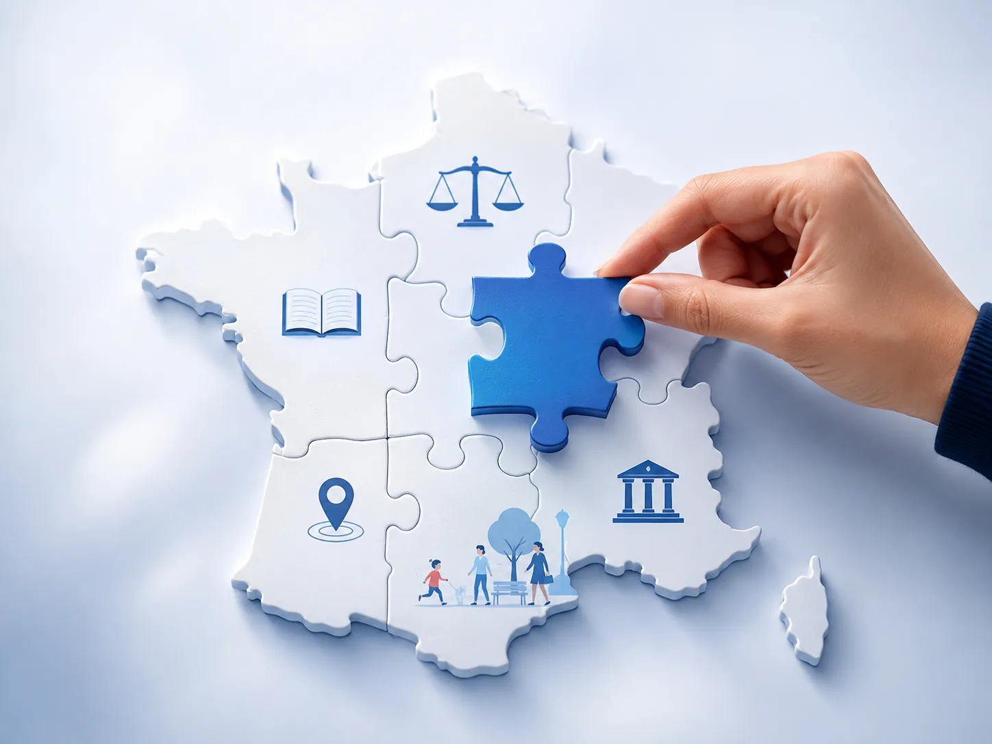 Pièce de puzzle complétant une carte de France avec des symboles civiques.
