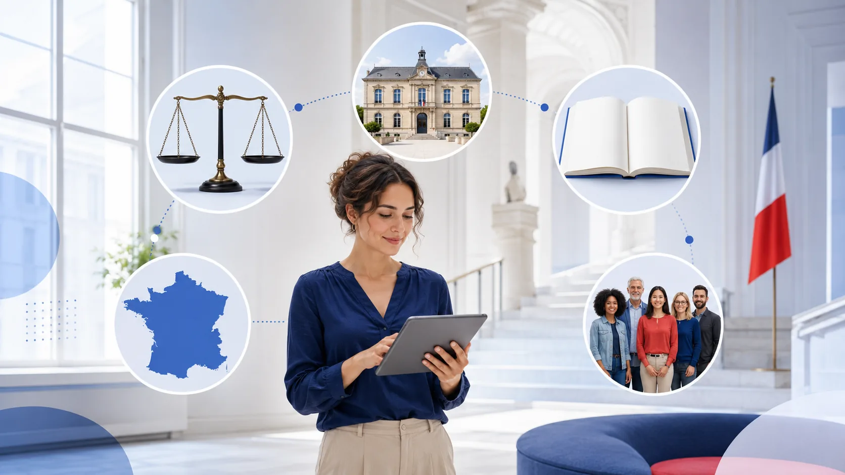 Apprenante consultant les grands thèmes de l’examen civique.