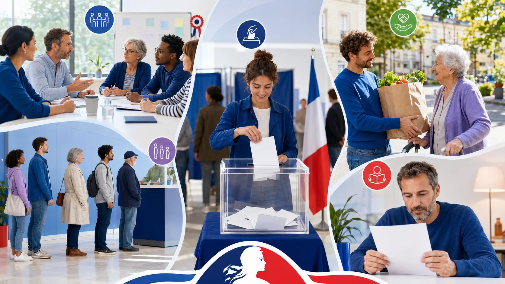 Scènes de vie citoyenne avec symboles de neutralité et de dialogue.