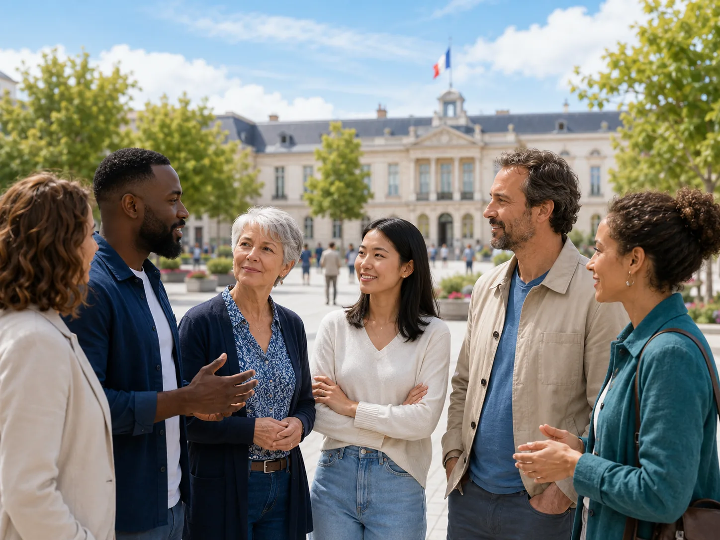 Citoyens échangeant devant un bâtiment républicain.