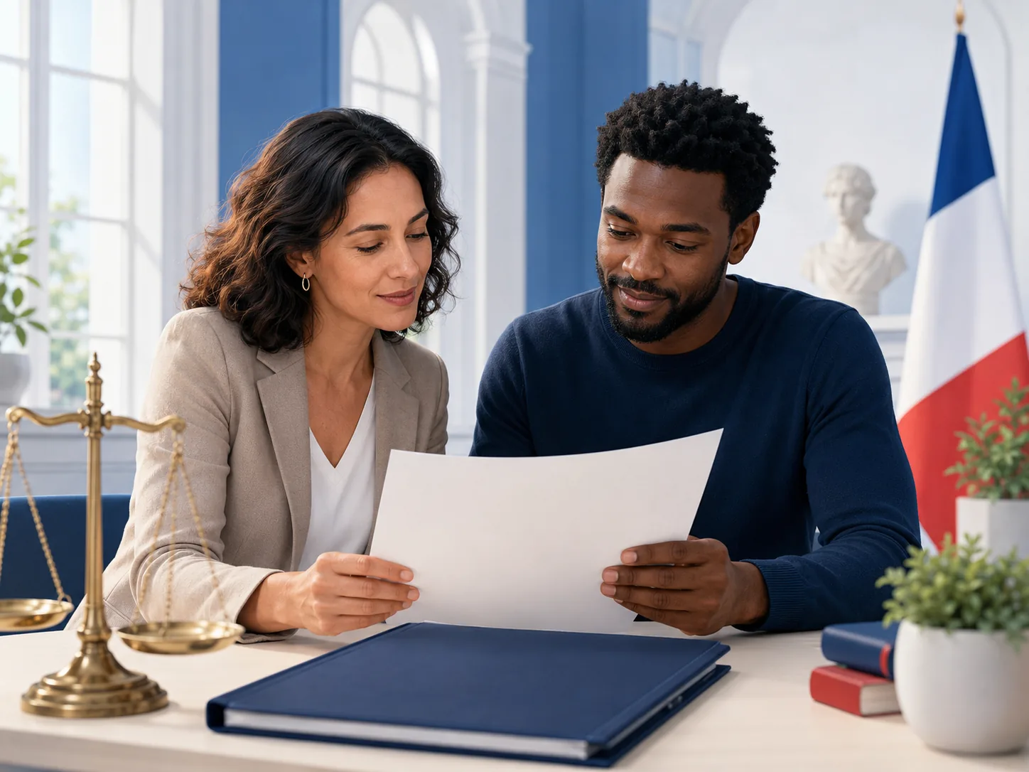 Citoyens lisant un document près d’une balance de justice.