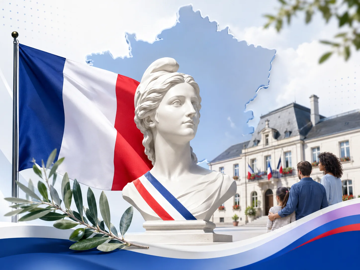 Marianne, drapeau français et bâtiment républicain.