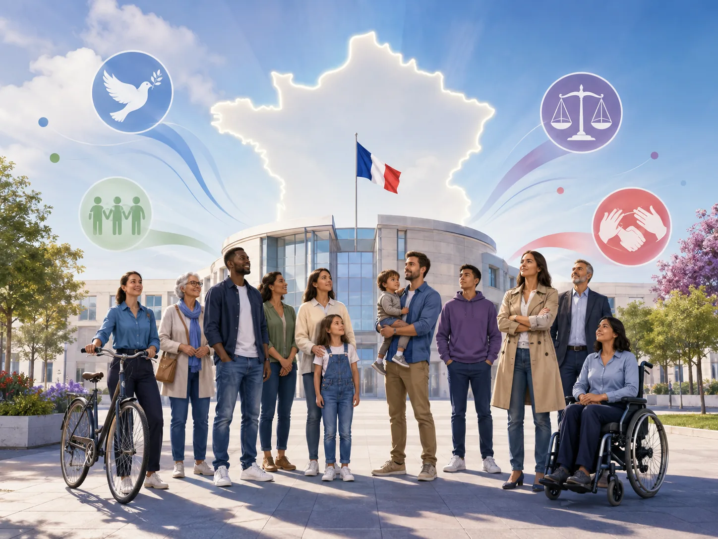 Citoyens réunis autour de la France et des symboles de liberté, égalité et fraternité.