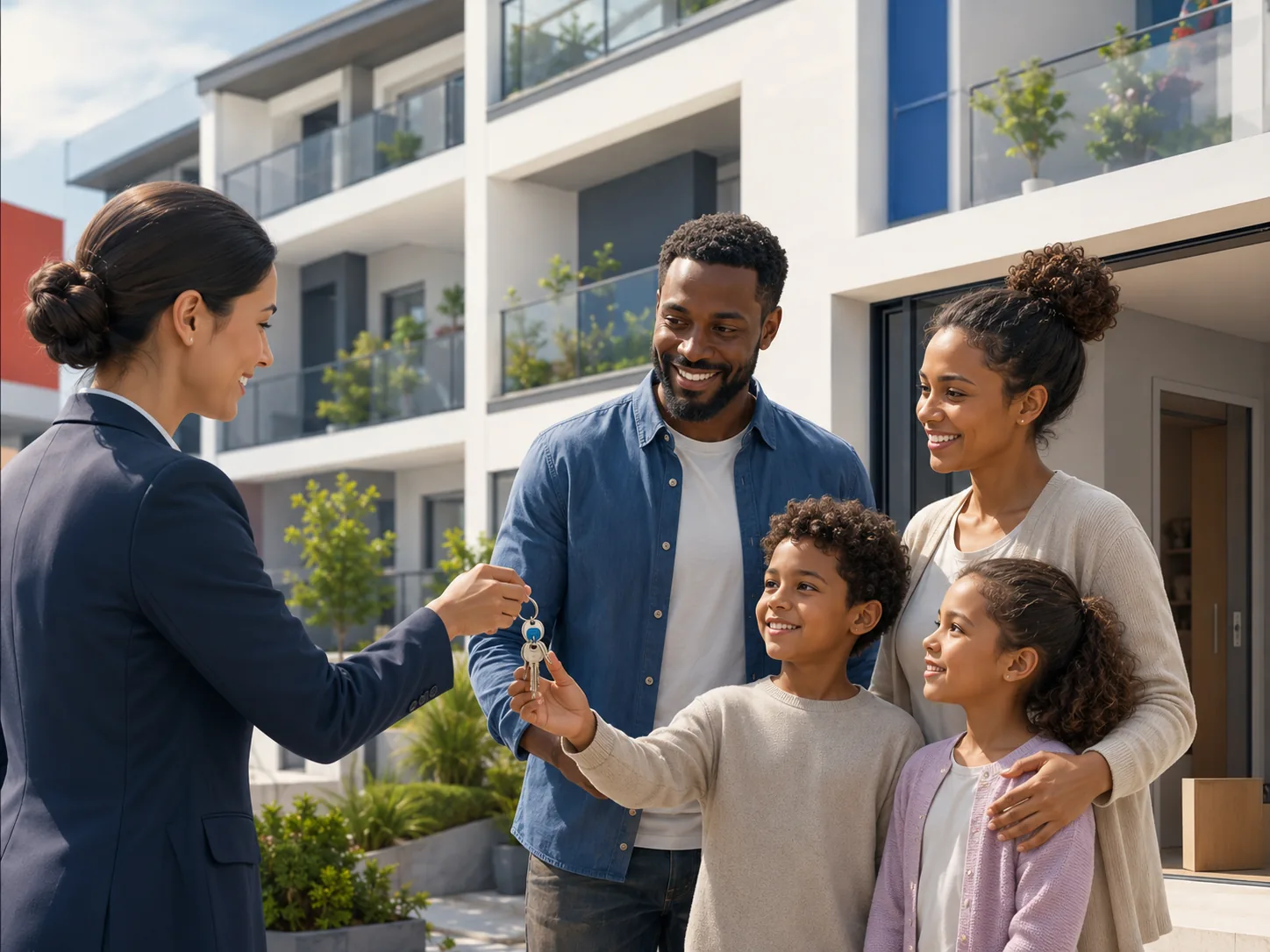 Remise de clés devant un logement.