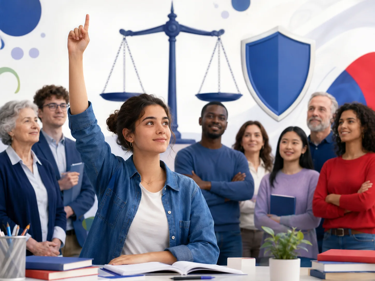 Apprenante retenant les idées essentielles avec balance et bouclier.