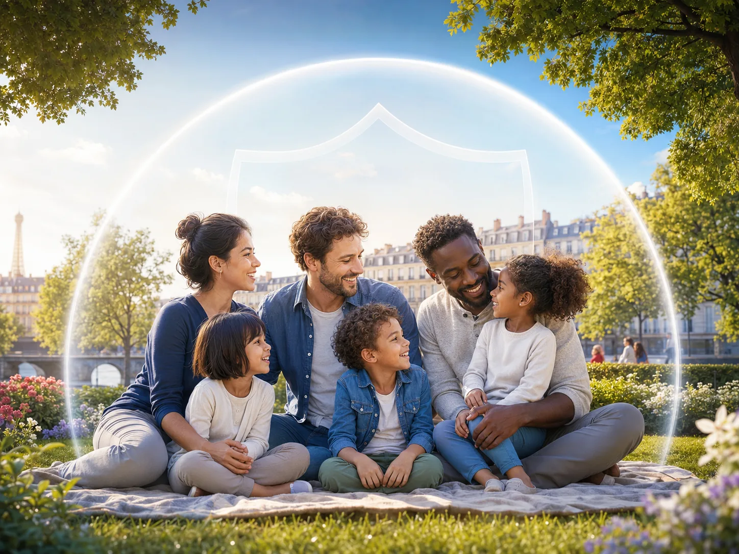 Famille protégée par des symboles de solidarité.