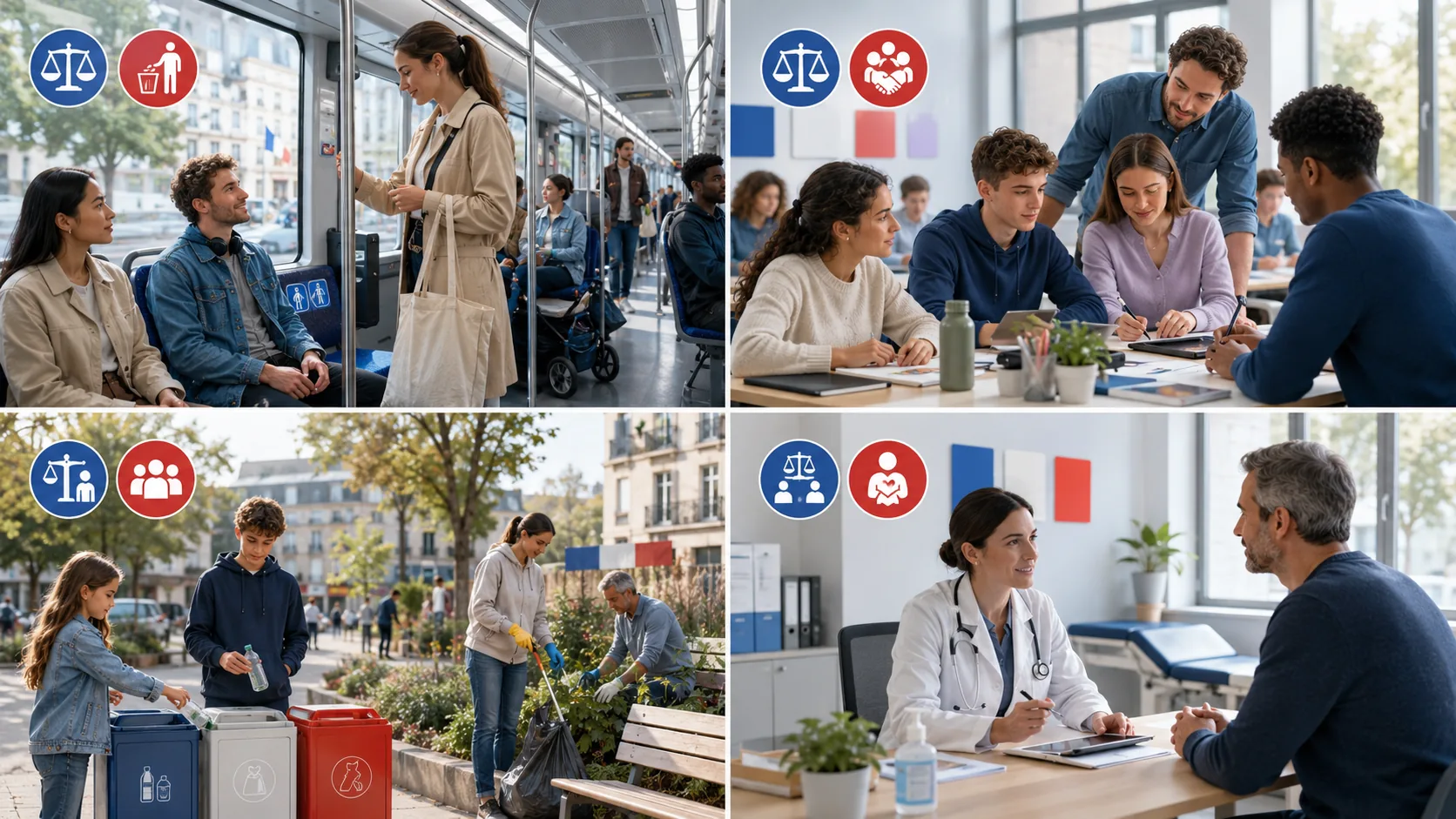 Scènes du quotidien où les droits et devoirs s’appliquent.