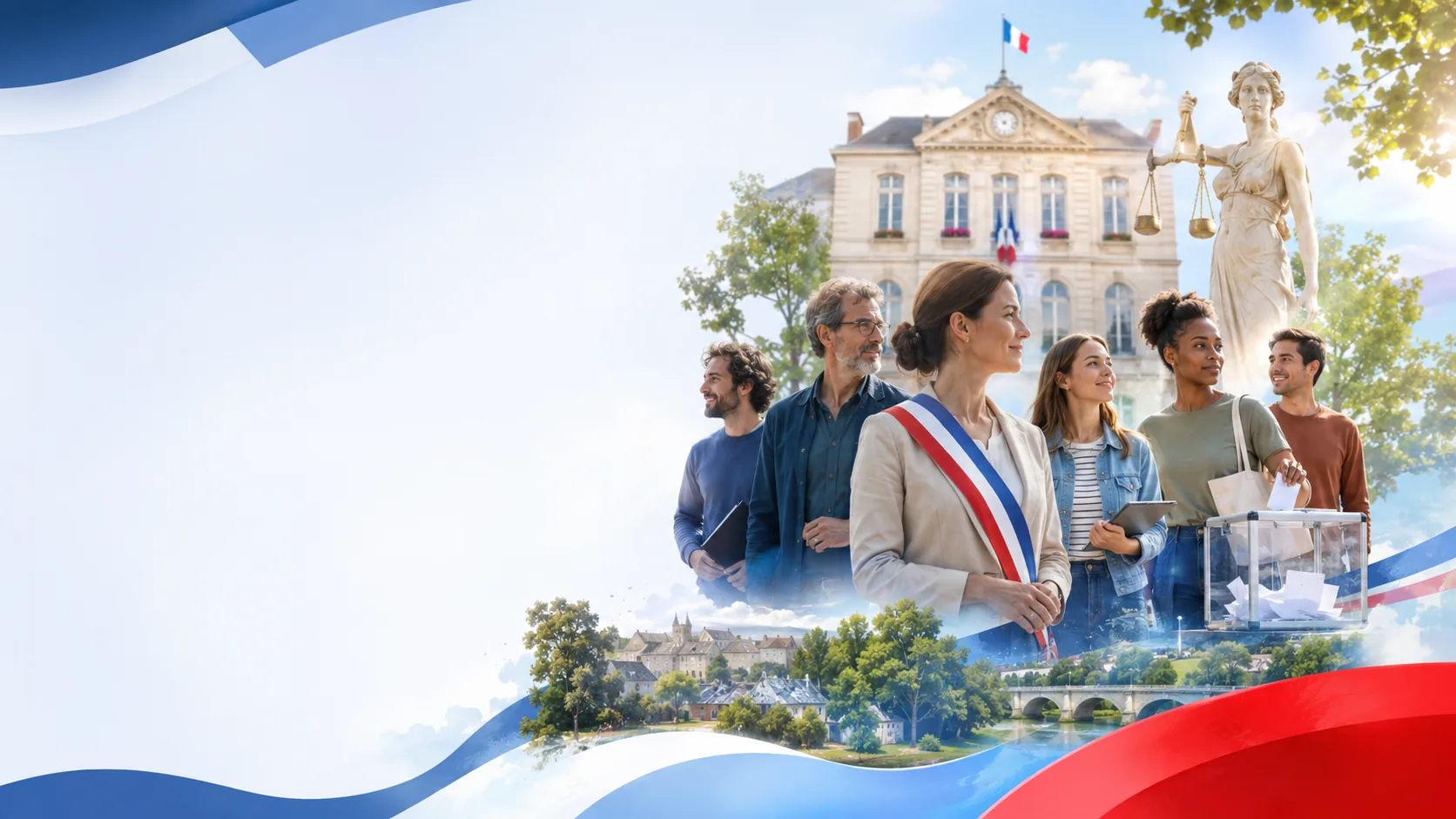 Élue locale avec des habitants devant un bâtiment public.