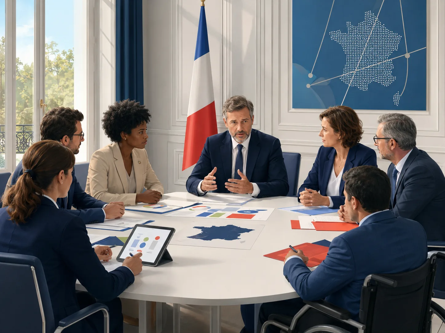 Réunion institutionnelle autour d’une table avec drapeau français.