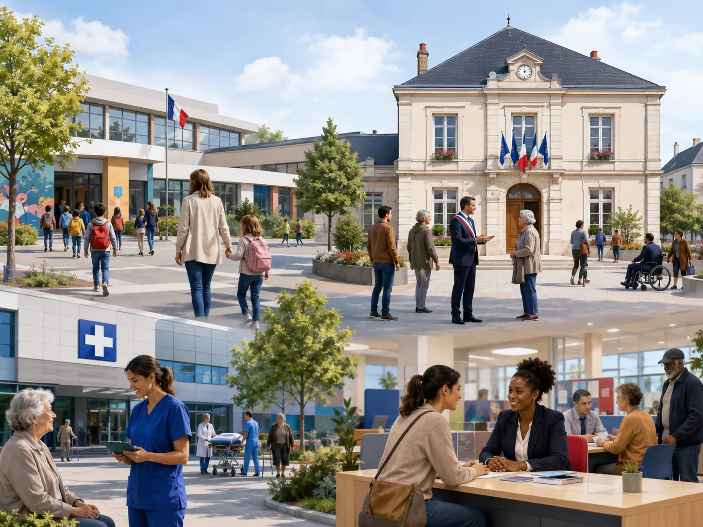 Scènes de services publics avec hôpital, accueil et démarches administratives.