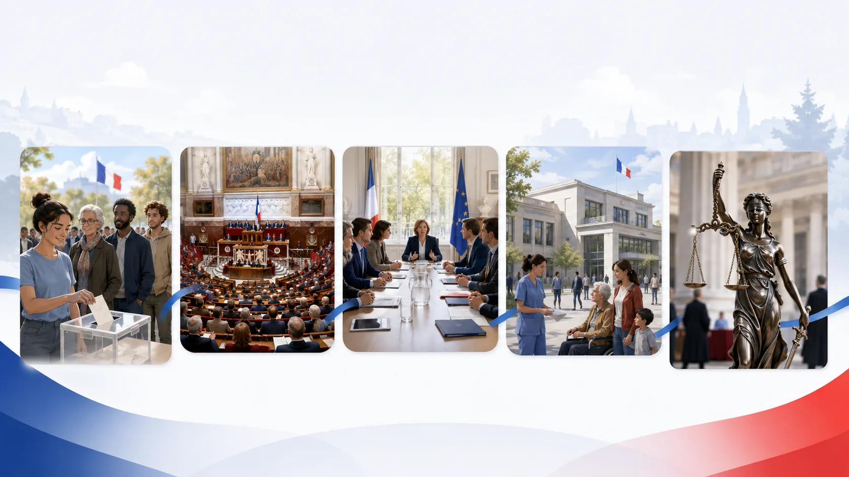 Composition de bâtiments publics, réunions et citoyens reliés par les couleurs françaises.