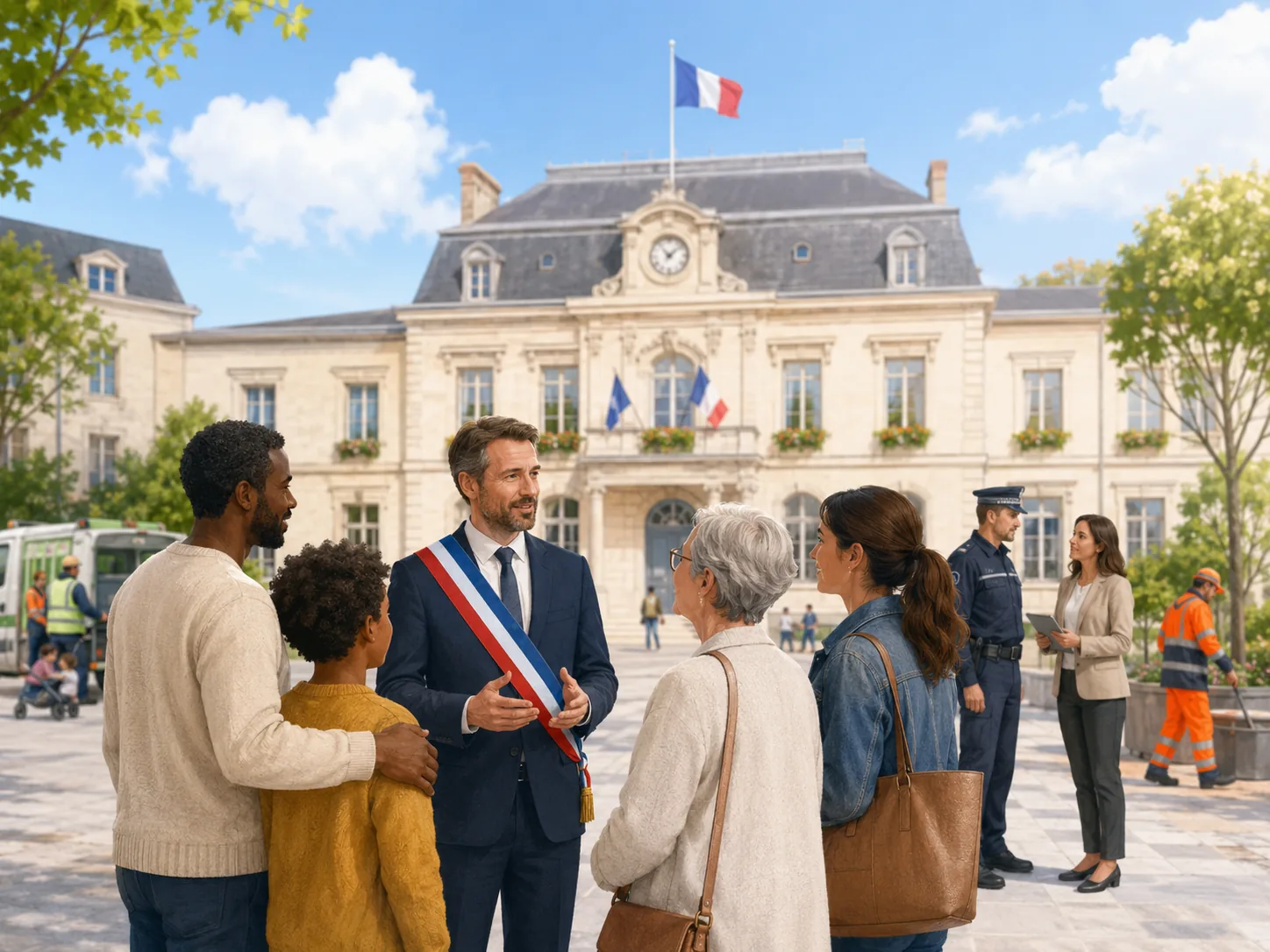 Habitants échangeant avec un élu devant une mairie.