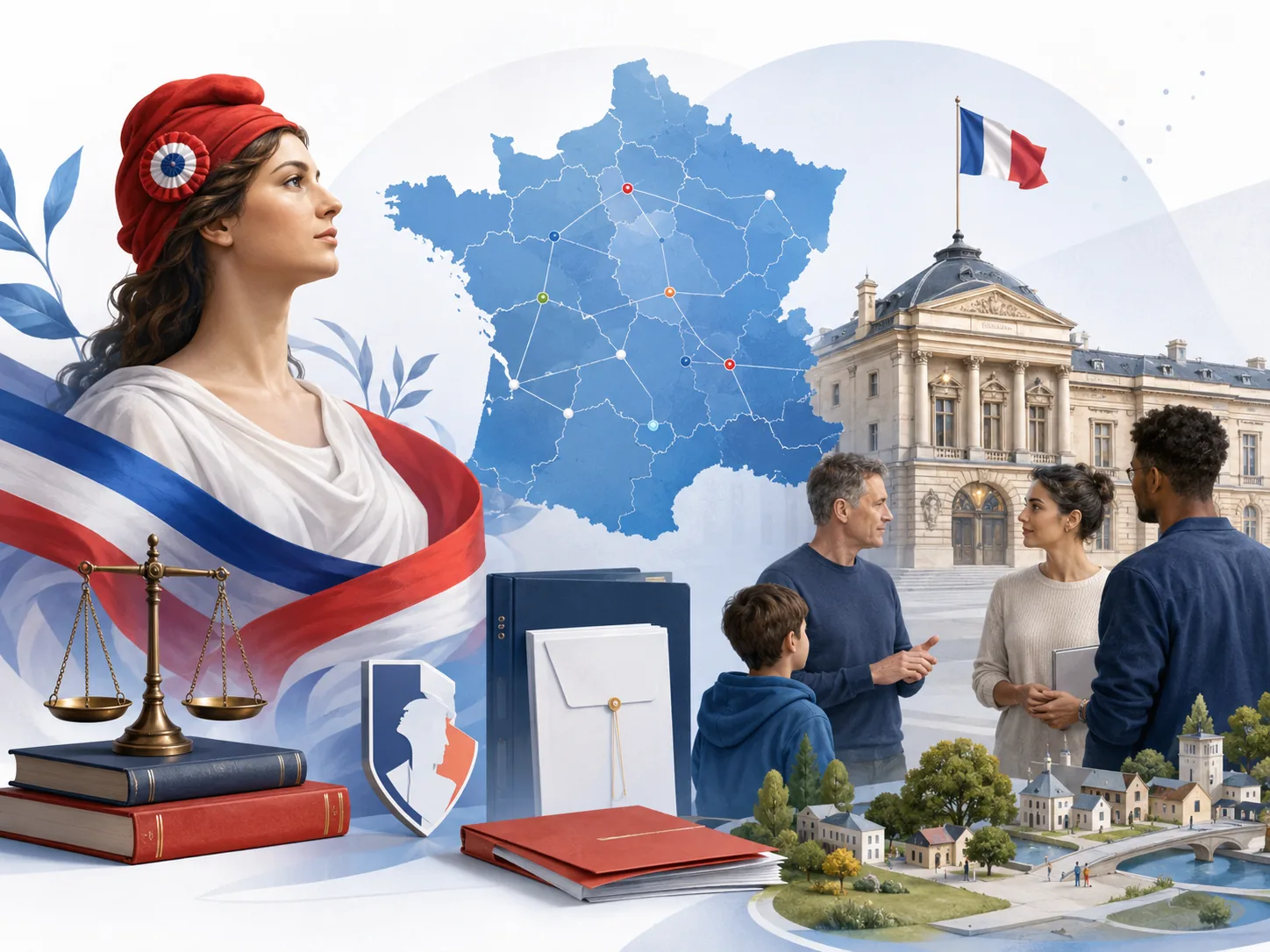 Marianne, carte de France et citoyens devant des institutions républicaines.