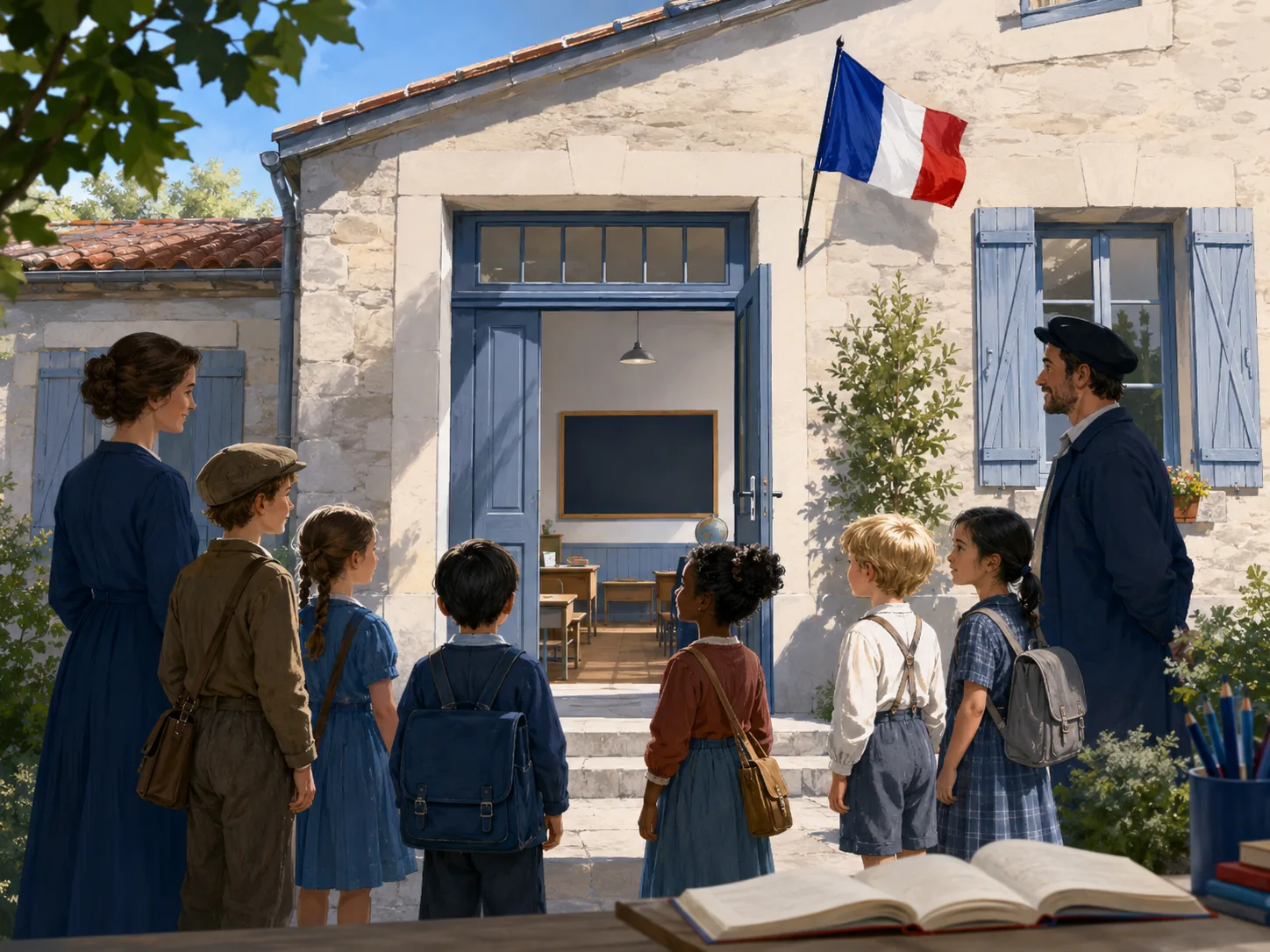 École républicaine avec enfants et adultes devant l’entrée.