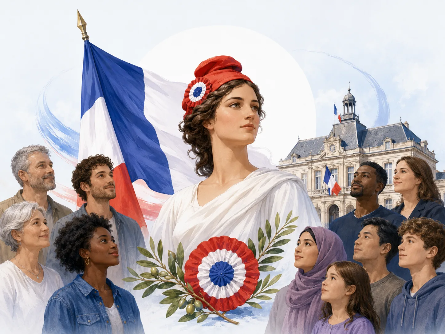 Symboles républicains français autour de Marianne et du drapeau.