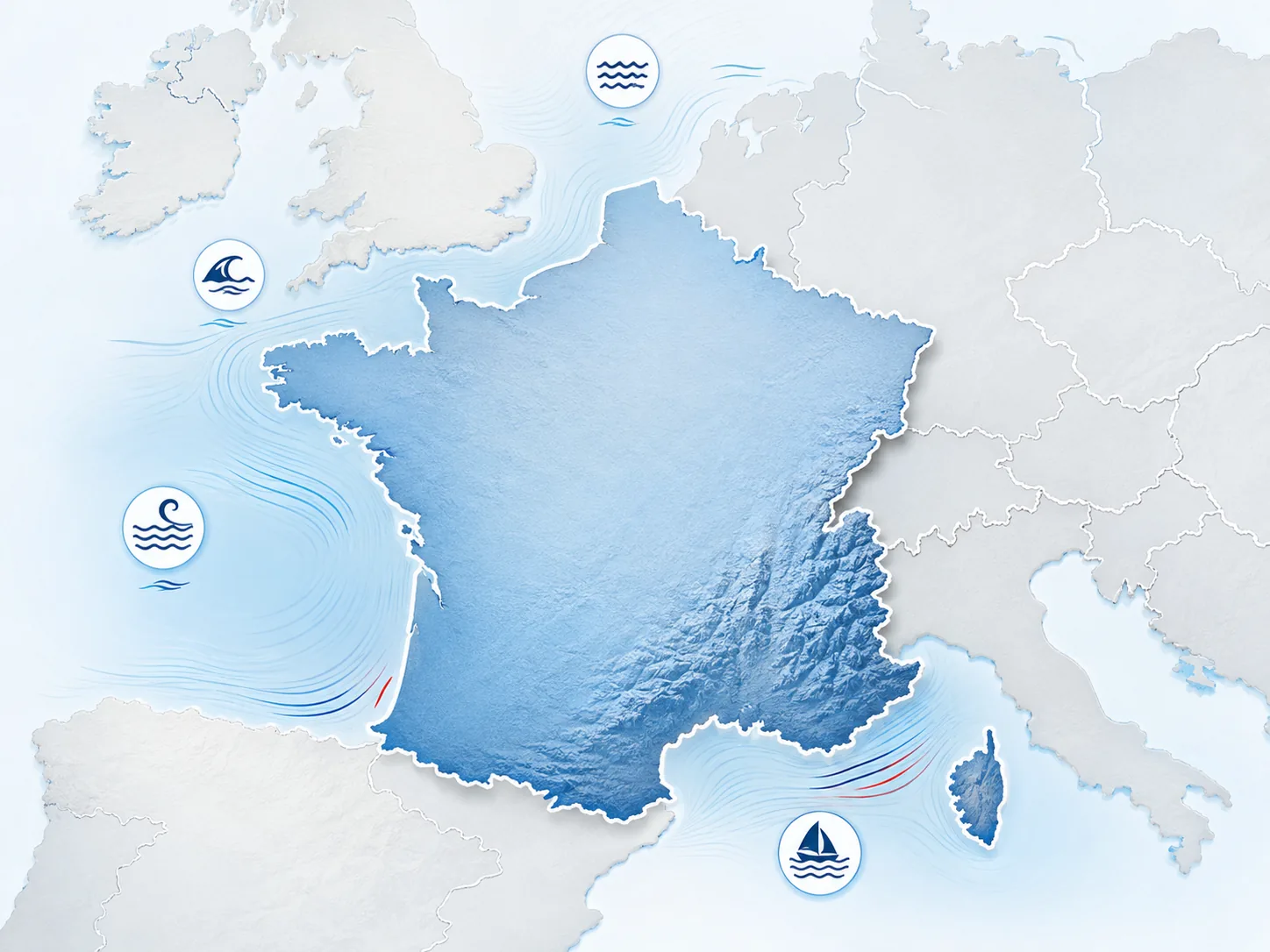France, pays voisins et façades maritimes.