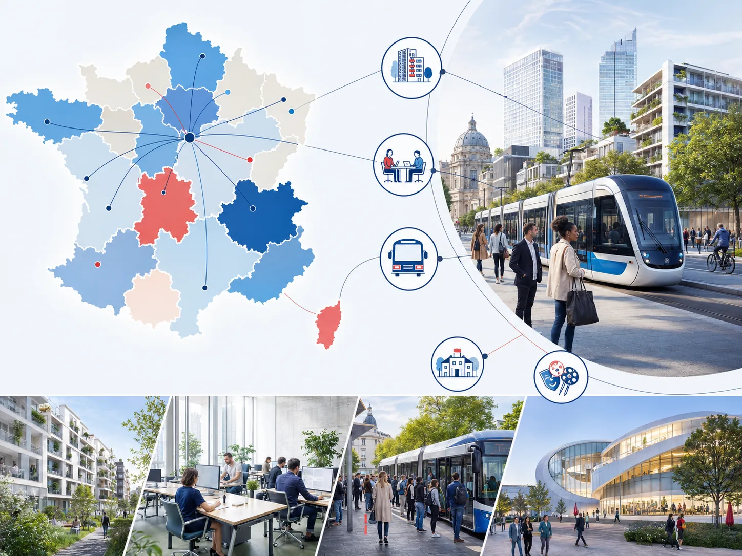 Régions, ville, transports et paysages français.