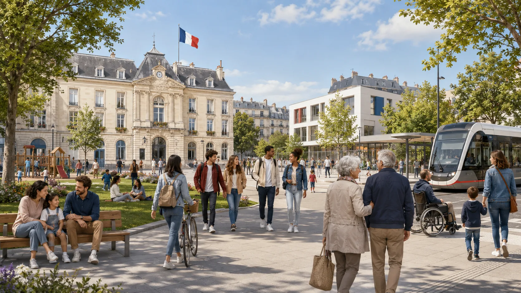 Citoyens diversifiés dans une ville française avec mairie, école, parc et transports.