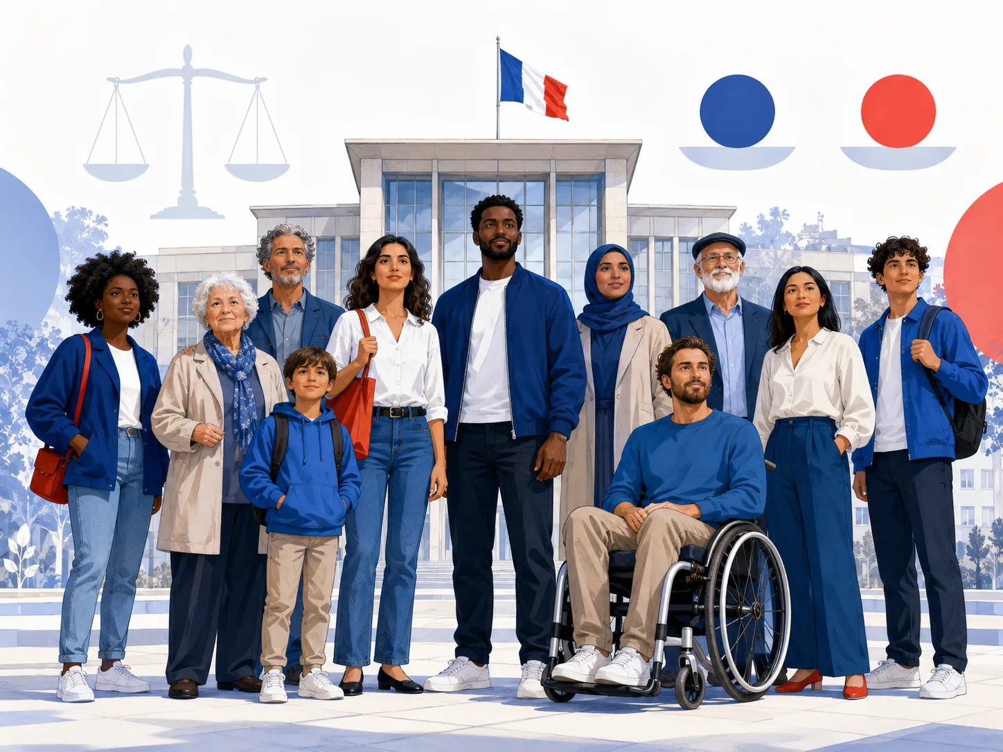 Citoyens différents réunis devant un bâtiment public.