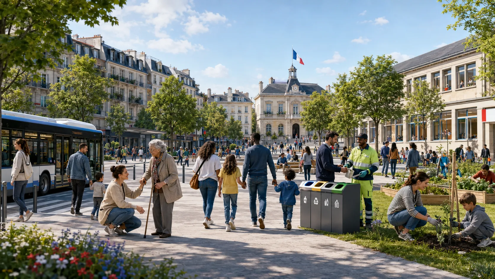 Quartier français harmonieux avec citoyens, mairie, école, bus et espaces publics.