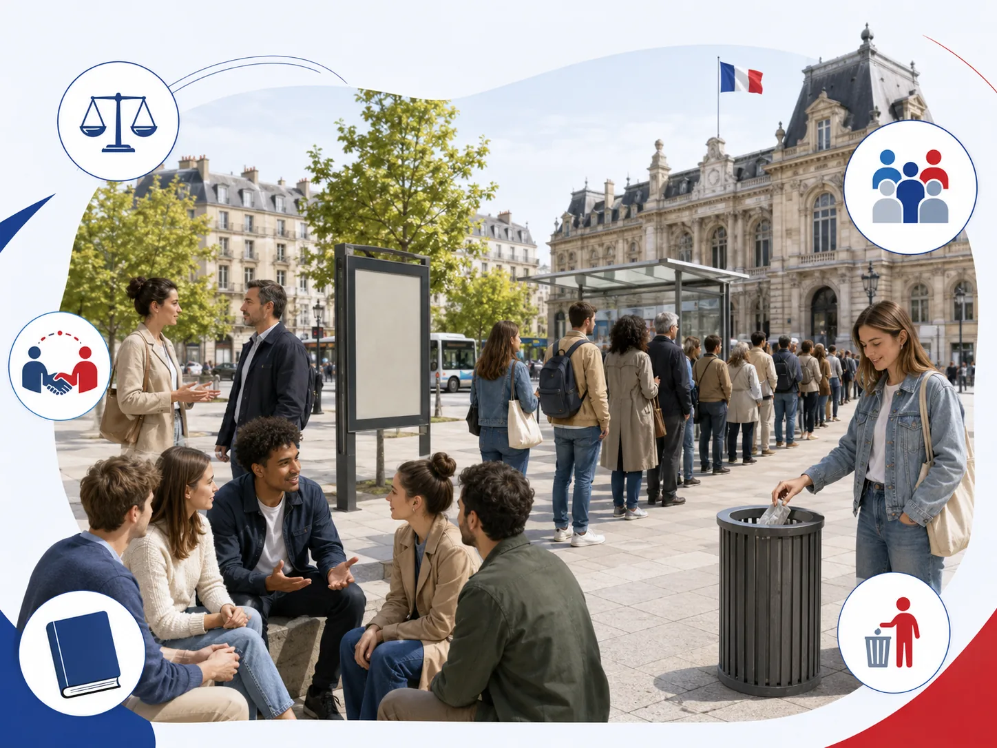 Scène urbaine avec règles de vie en société.