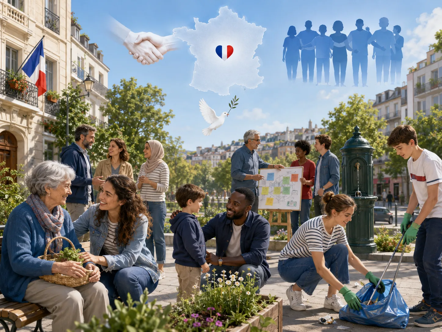 Citoyens vivant ensemble dans une ville française.